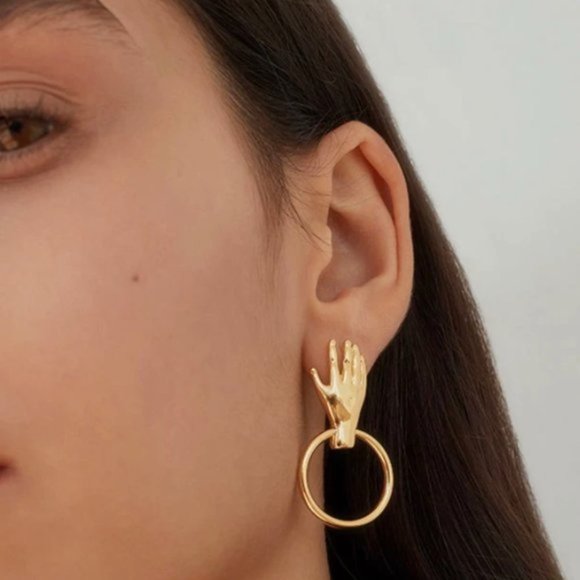 Gold Vintage Metal Hands Drop Earrings - Free People - Picture 1 of 2